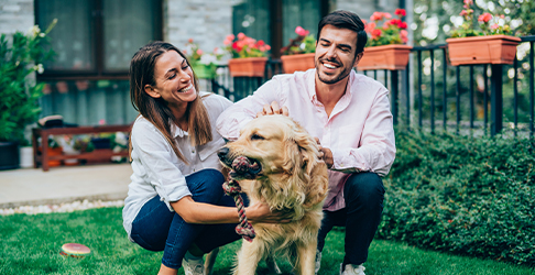 Husband and wife petting a golden retriever